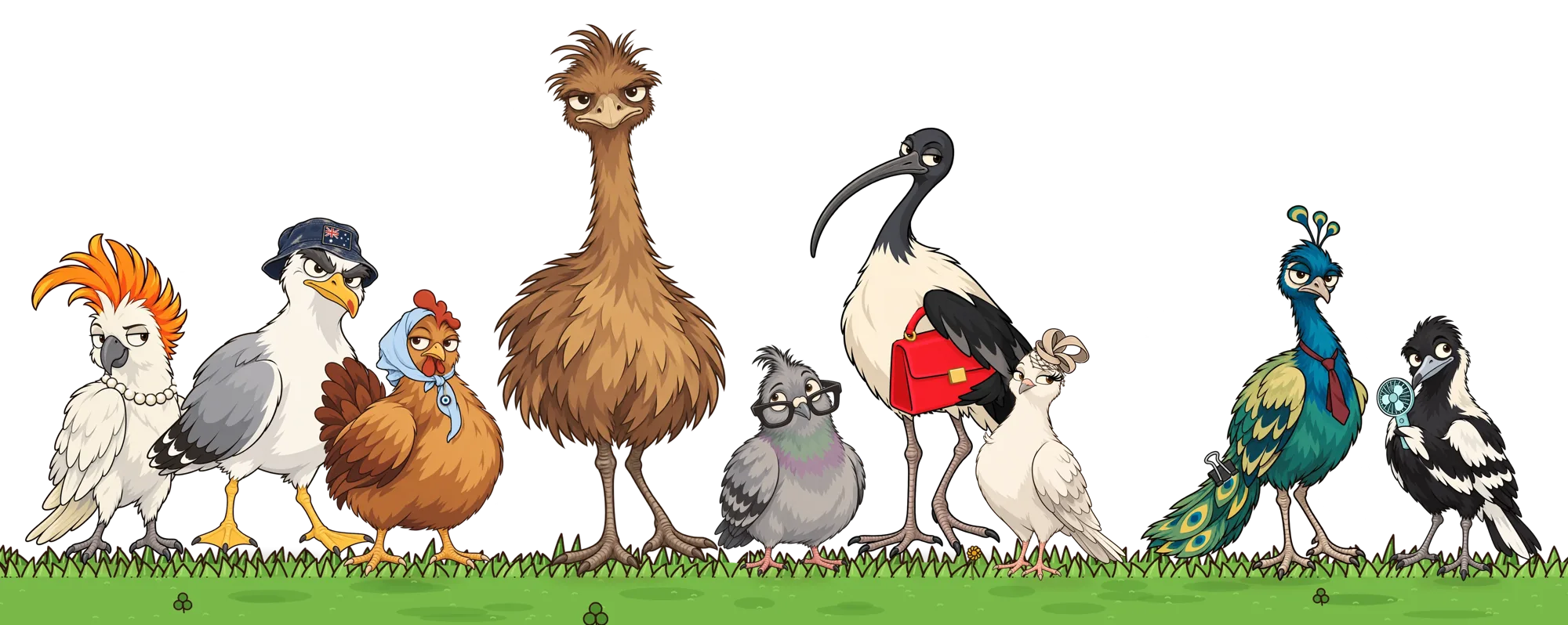 The Eggsborough cast lined up on the grass: cockatoo, seagull, chicken, Emu, Pigeon, ibis, magpie, peacock and more
