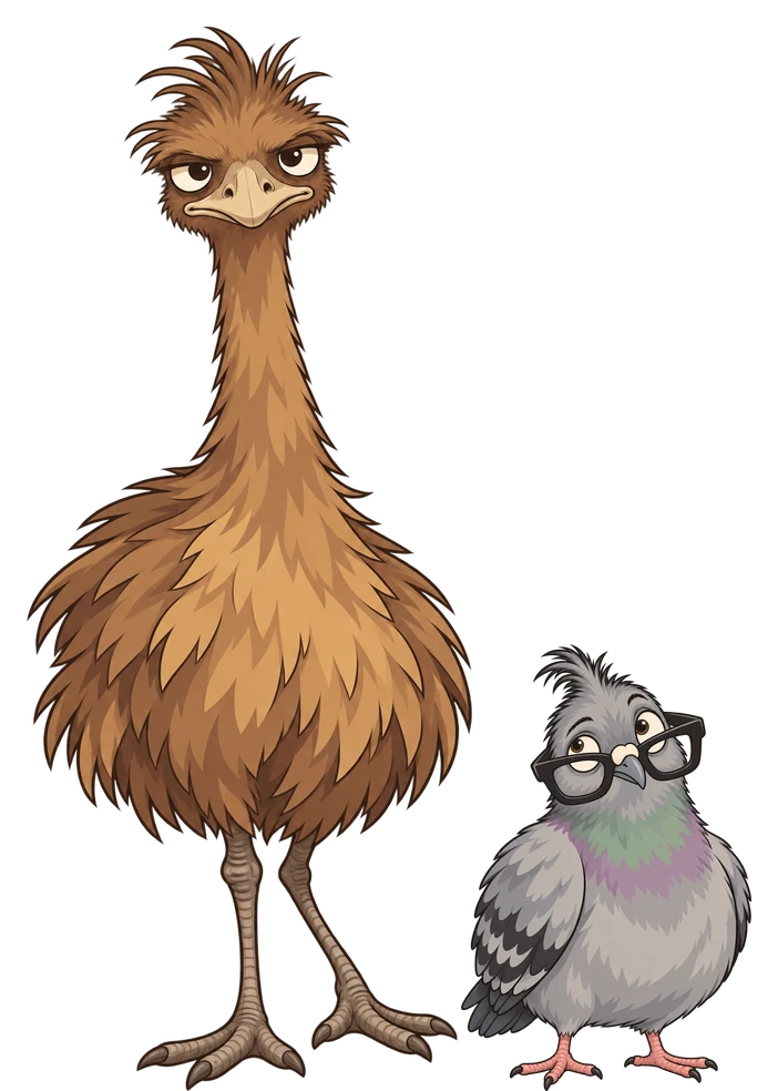 Emu, tall and unimpressed, standing beside Pigeon in big black glasses