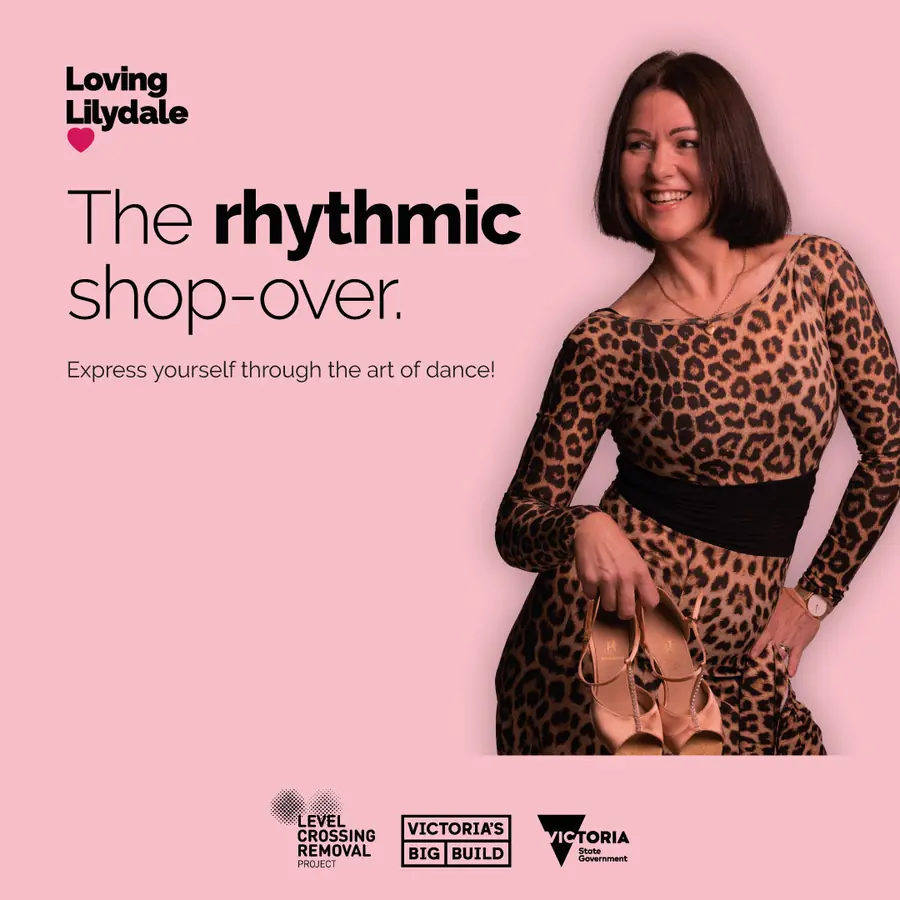 Loving Lilydale campaign tile titled The rhythmic shop over, showing a local woman holding a pair of shoes against a pink background.